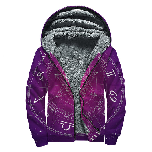 Geometric Zodiac Calendar Print Sherpa Lined Zip Up Hoodie