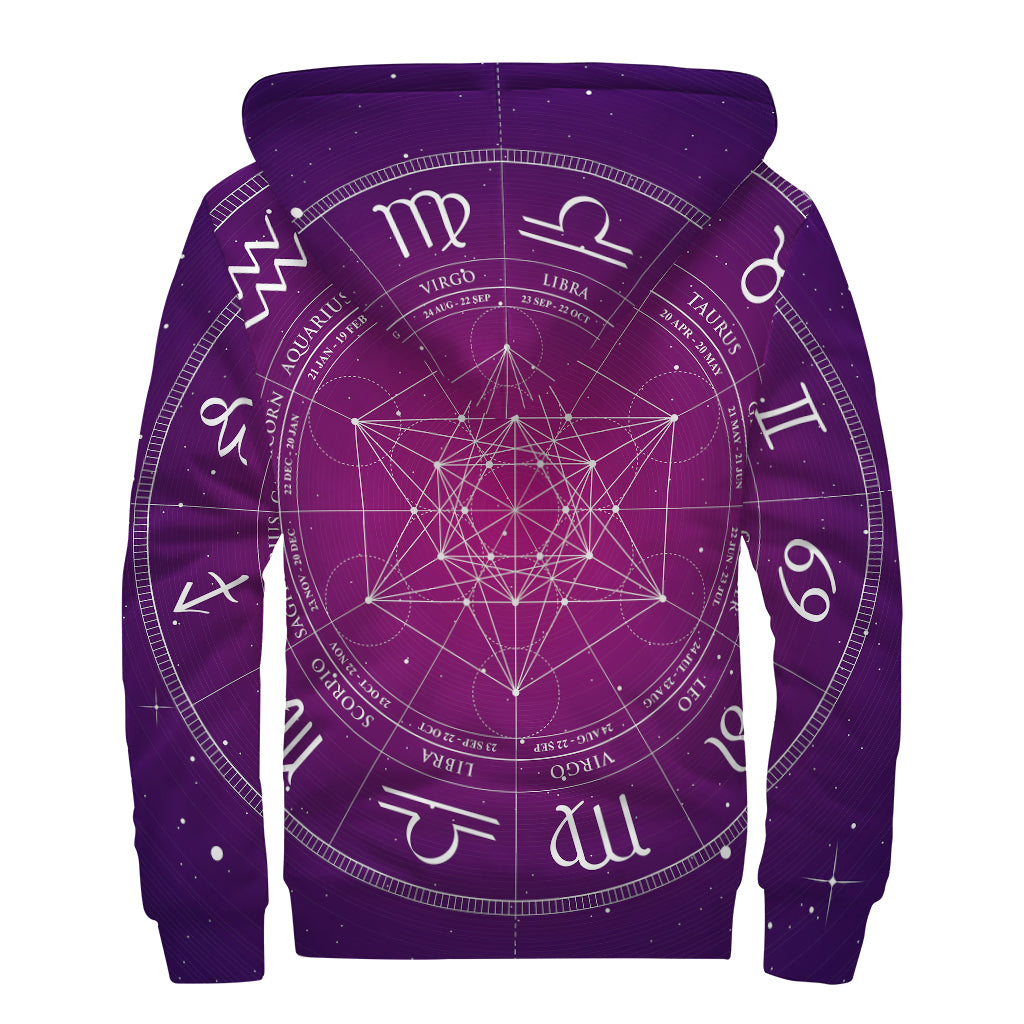 Geometric Zodiac Calendar Print Sherpa Lined Zip Up Hoodie