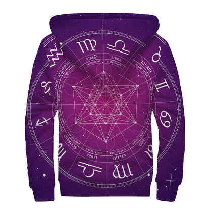 Geometric Zodiac Calendar Print Sherpa Lined Zip Up Hoodie