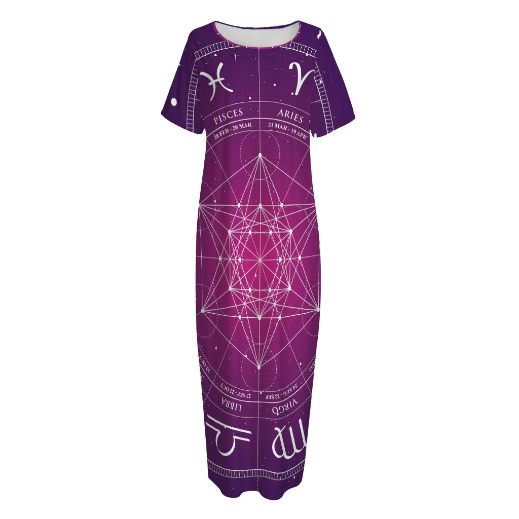 Geometric Zodiac Calendar Print Short Sleeve Long Nightdress