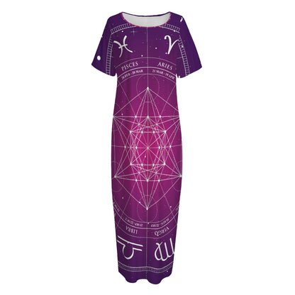 Geometric Zodiac Calendar Print Short Sleeve Long Nightdress