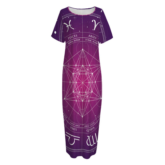 Geometric Zodiac Calendar Print Short Sleeve Long Nightdress