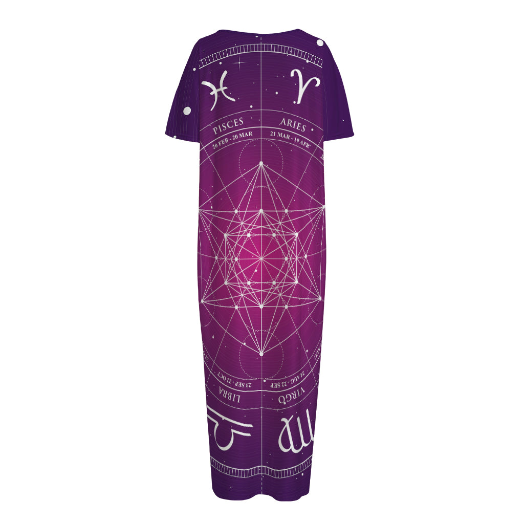 Geometric Zodiac Calendar Print Short Sleeve Long Nightdress