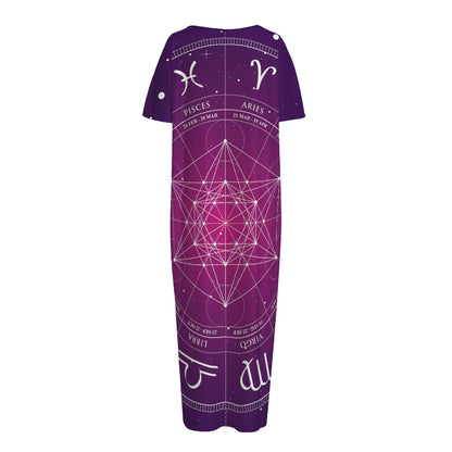 Geometric Zodiac Calendar Print Short Sleeve Long Nightdress