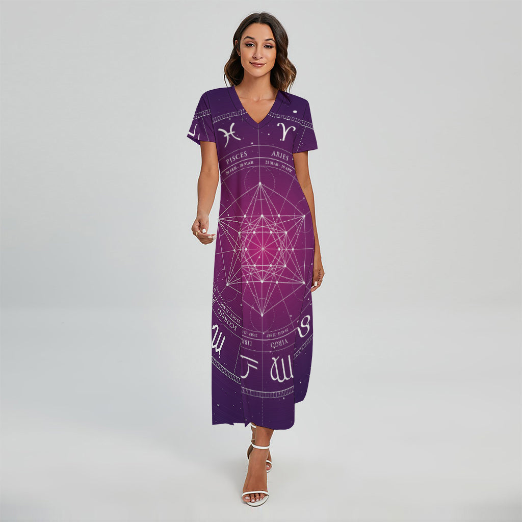 Geometric Zodiac Calendar Print Short Sleeve Maxi Dress