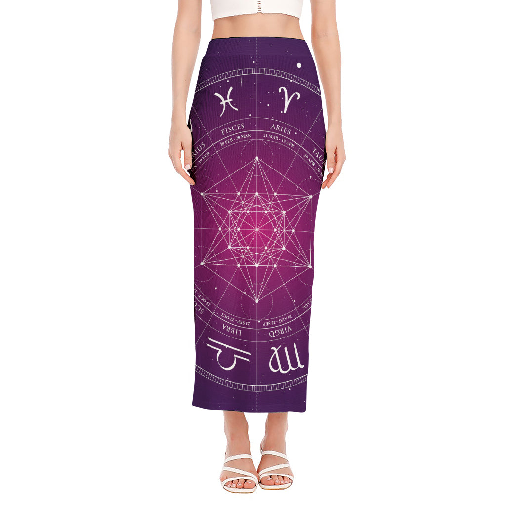 Geometric Zodiac Calendar Print Side Slit Maxi Skirt