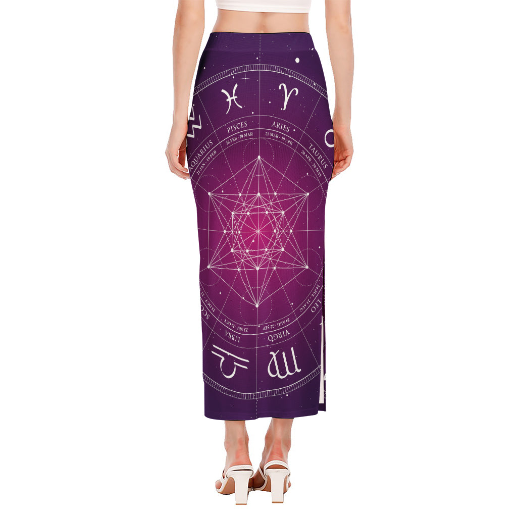 Geometric Zodiac Calendar Print Side Slit Maxi Skirt