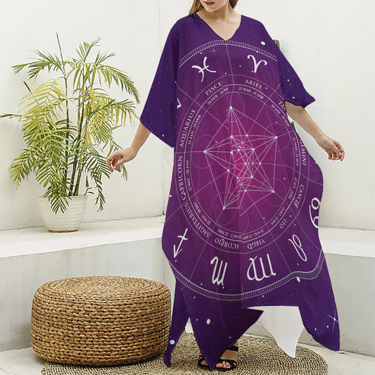 Geometric Zodiac Calendar Print Silk V-Neck Kaftan Dress