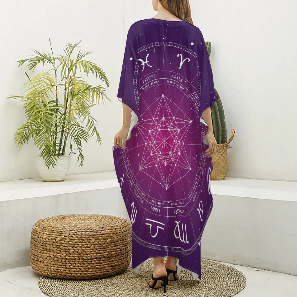 Geometric Zodiac Calendar Print Silk V-Neck Kaftan Dress