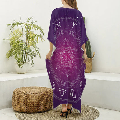 Geometric Zodiac Calendar Print Silk V-Neck Kaftan Dress