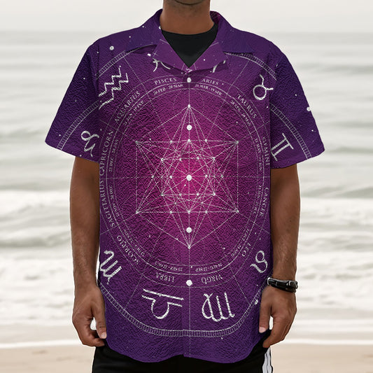 Geometric Zodiac Calendar Print Textured Short Sleeve Shirt