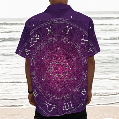 Geometric Zodiac Calendar Print Textured Short Sleeve Shirt