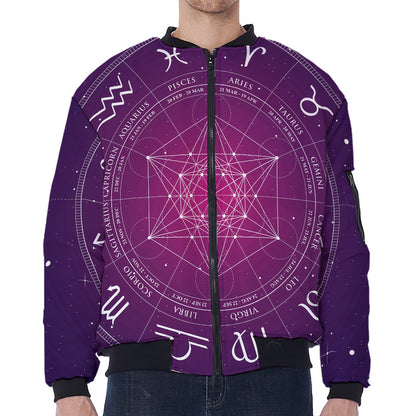 Geometric Zodiac Calendar Print Zip Sleeve Bomber Jacket