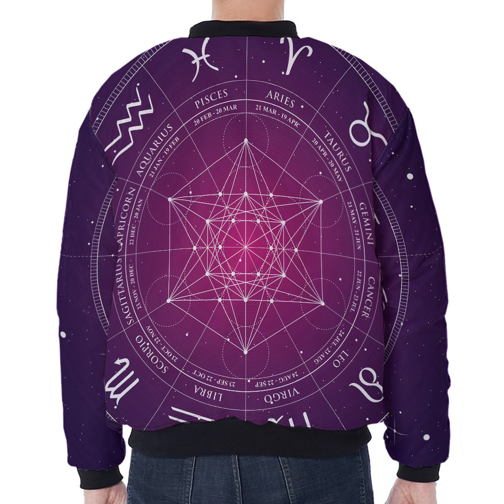 Geometric Zodiac Calendar Print Zip Sleeve Bomber Jacket