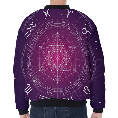 Geometric Zodiac Calendar Print Zip Sleeve Bomber Jacket