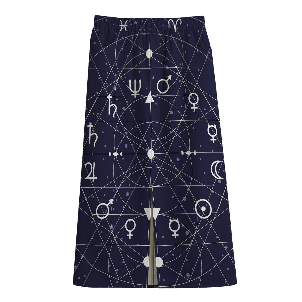 Geometric Zodiac Signs Print Cotton Front Slit Maxi Skirt