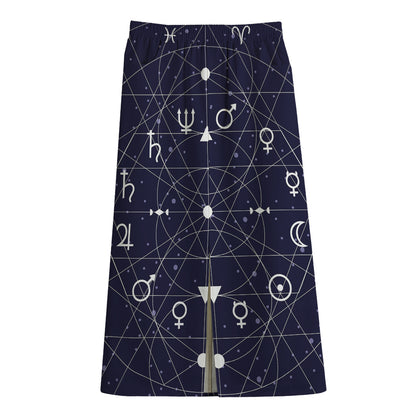 Geometric Zodiac Signs Print Cotton Front Slit Maxi Skirt