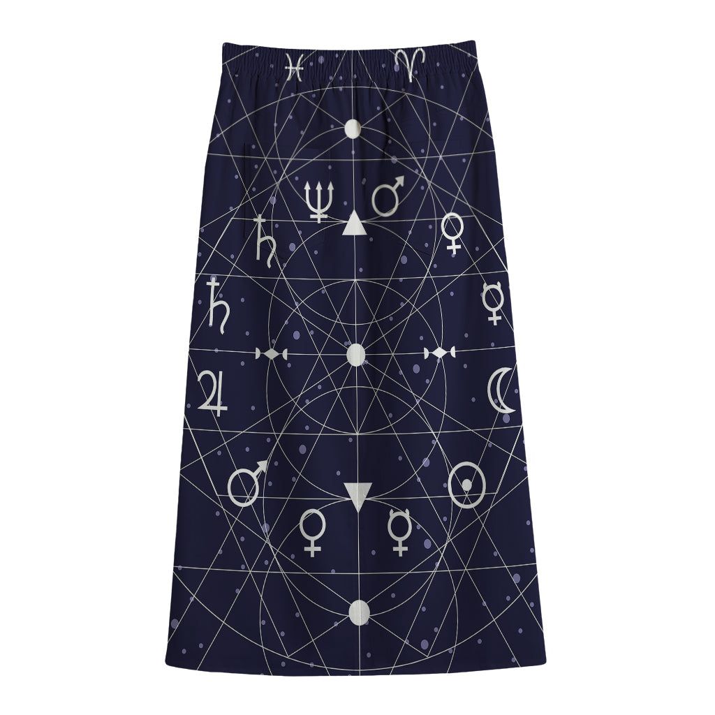 Geometric Zodiac Signs Print Cotton Front Slit Maxi Skirt