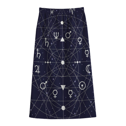 Geometric Zodiac Signs Print Cotton Front Slit Maxi Skirt