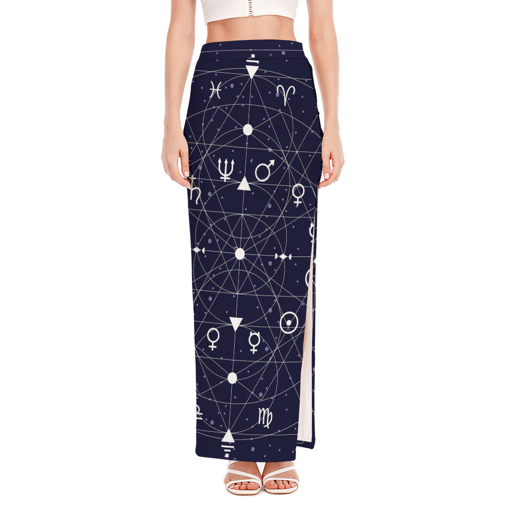 Geometric Zodiac Signs Print High Slit Maxi Skirt