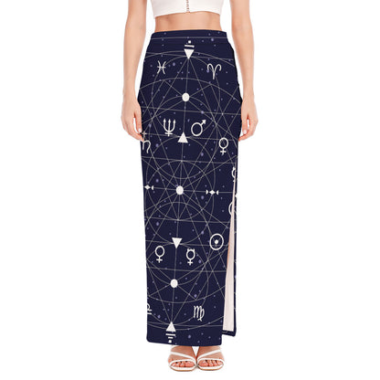 Geometric Zodiac Signs Print High Slit Maxi Skirt