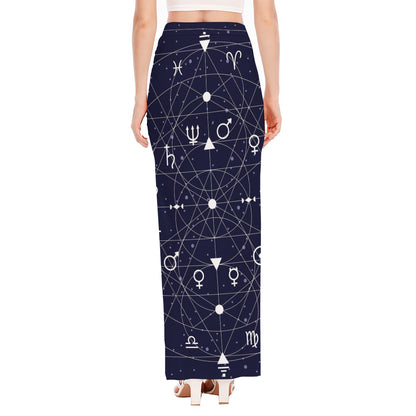 Geometric Zodiac Signs Print High Slit Maxi Skirt