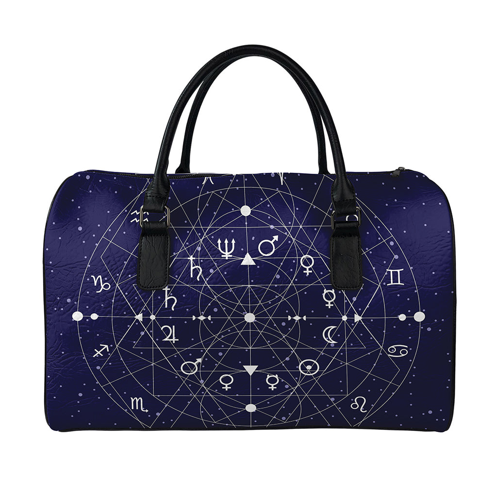 Geometric Zodiac Signs Print Leather Duffle Bag