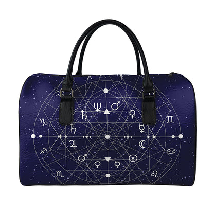 Geometric Zodiac Signs Print Leather Duffle Bag