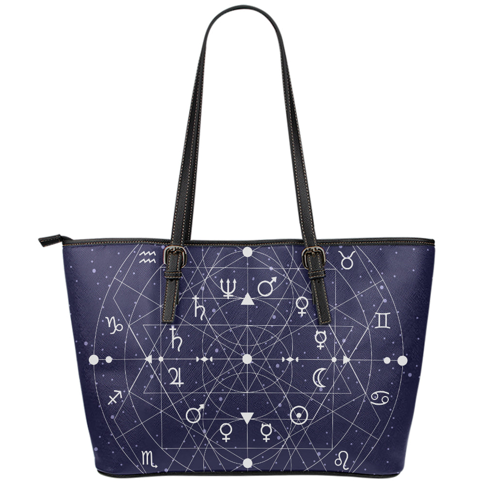 Geometric Zodiac Signs Print Leather Tote Bag