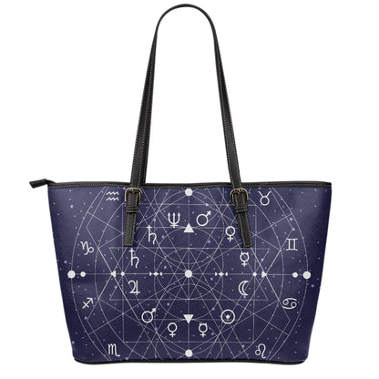 Geometric Zodiac Signs Print Leather Tote Bag