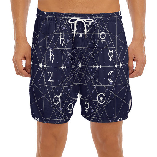 Geometric Zodiac Signs Print Men's Split Running Shorts