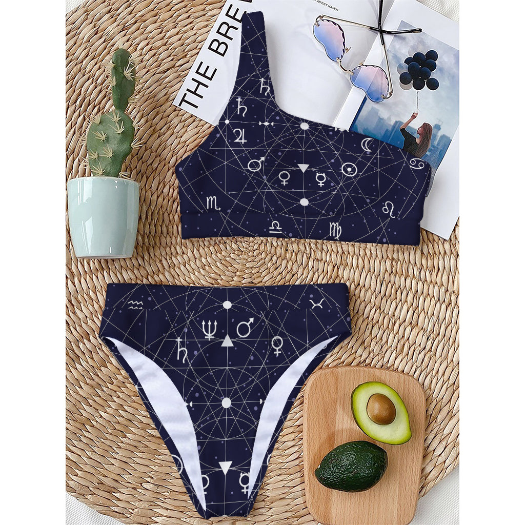 Geometric Zodiac Signs Print One Shoulder Bikini Top