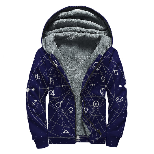 Geometric Zodiac Signs Print Sherpa Lined Zip Up Hoodie