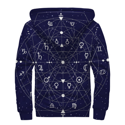 Geometric Zodiac Signs Print Sherpa Lined Zip Up Hoodie