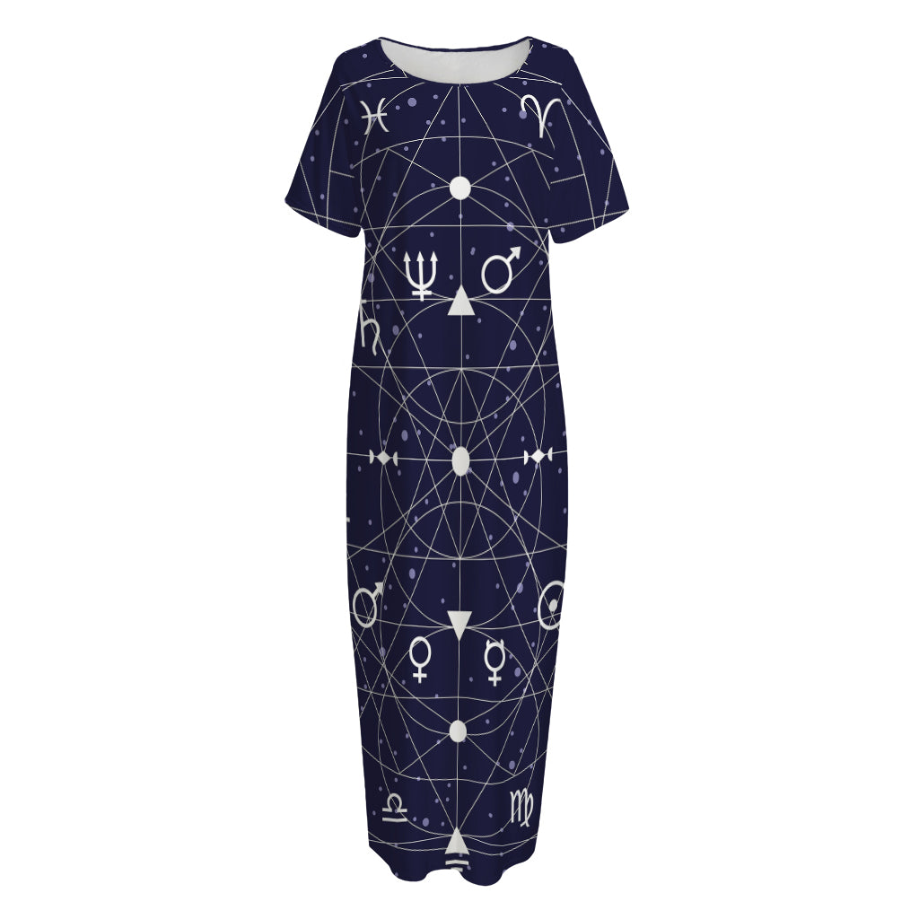 Geometric Zodiac Signs Print Short Sleeve Long Nightdress