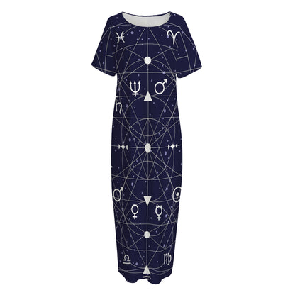 Geometric Zodiac Signs Print Short Sleeve Long Nightdress