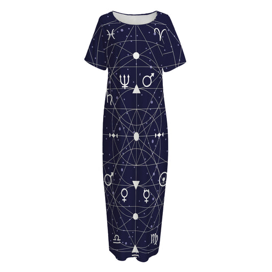 Geometric Zodiac Signs Print Short Sleeve Long Nightdress