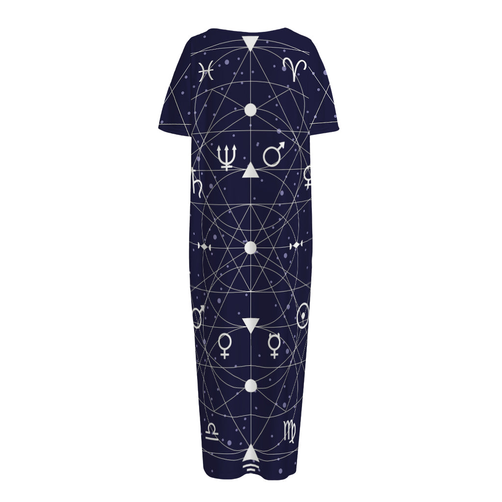 Geometric Zodiac Signs Print Short Sleeve Long Nightdress