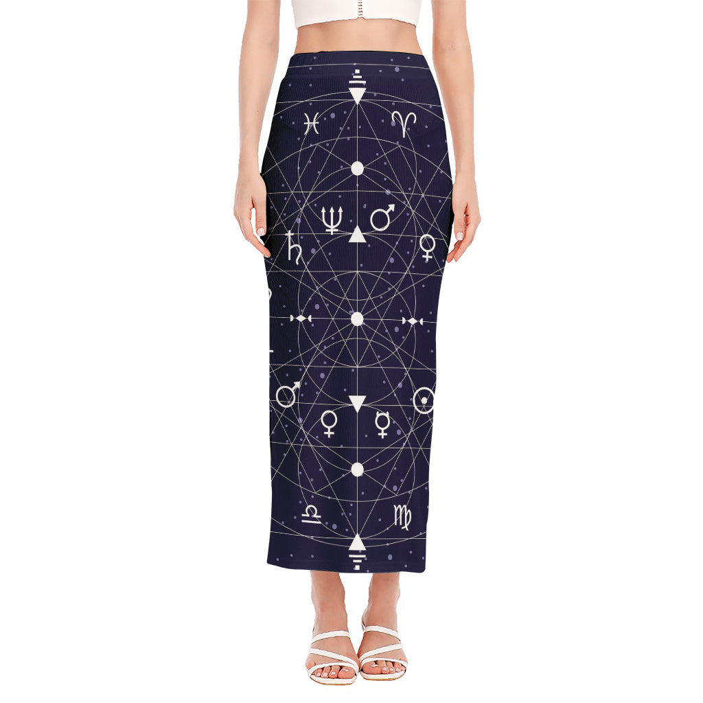 Geometric Zodiac Signs Print Side Slit Maxi Skirt