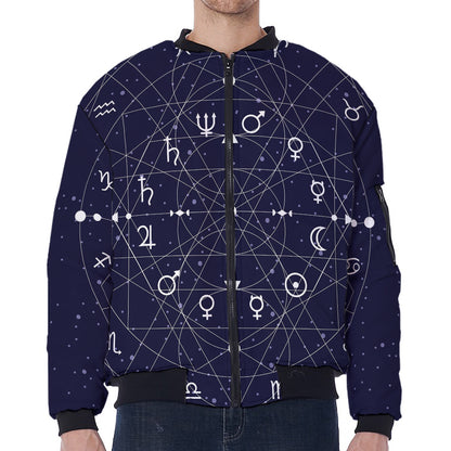Geometric Zodiac Signs Print Zip Sleeve Bomber Jacket