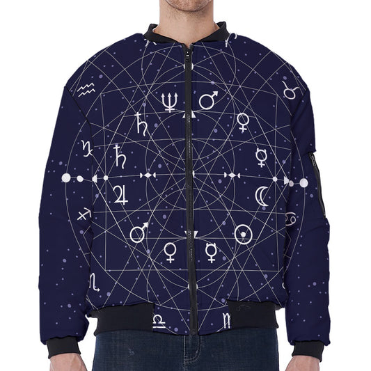 Geometric Zodiac Signs Print Zip Sleeve Bomber Jacket