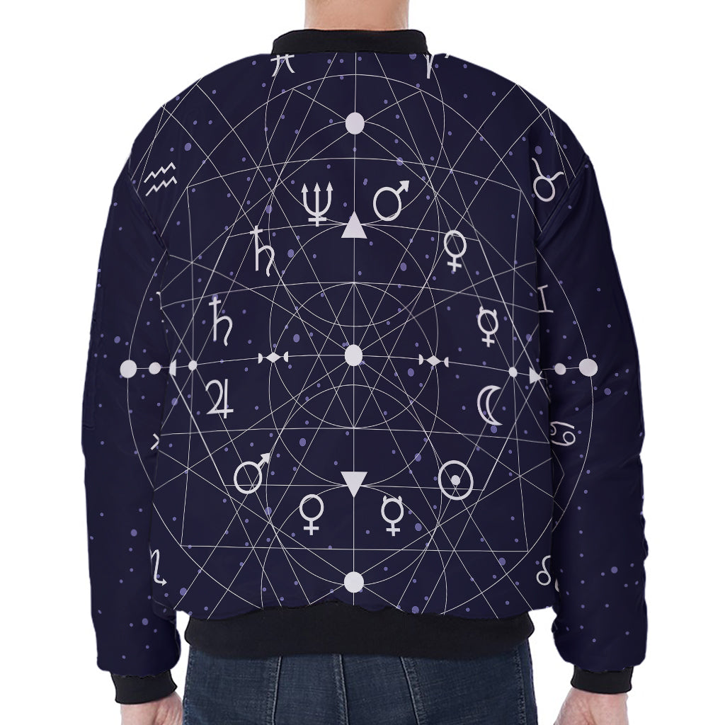 Geometric Zodiac Signs Print Zip Sleeve Bomber Jacket