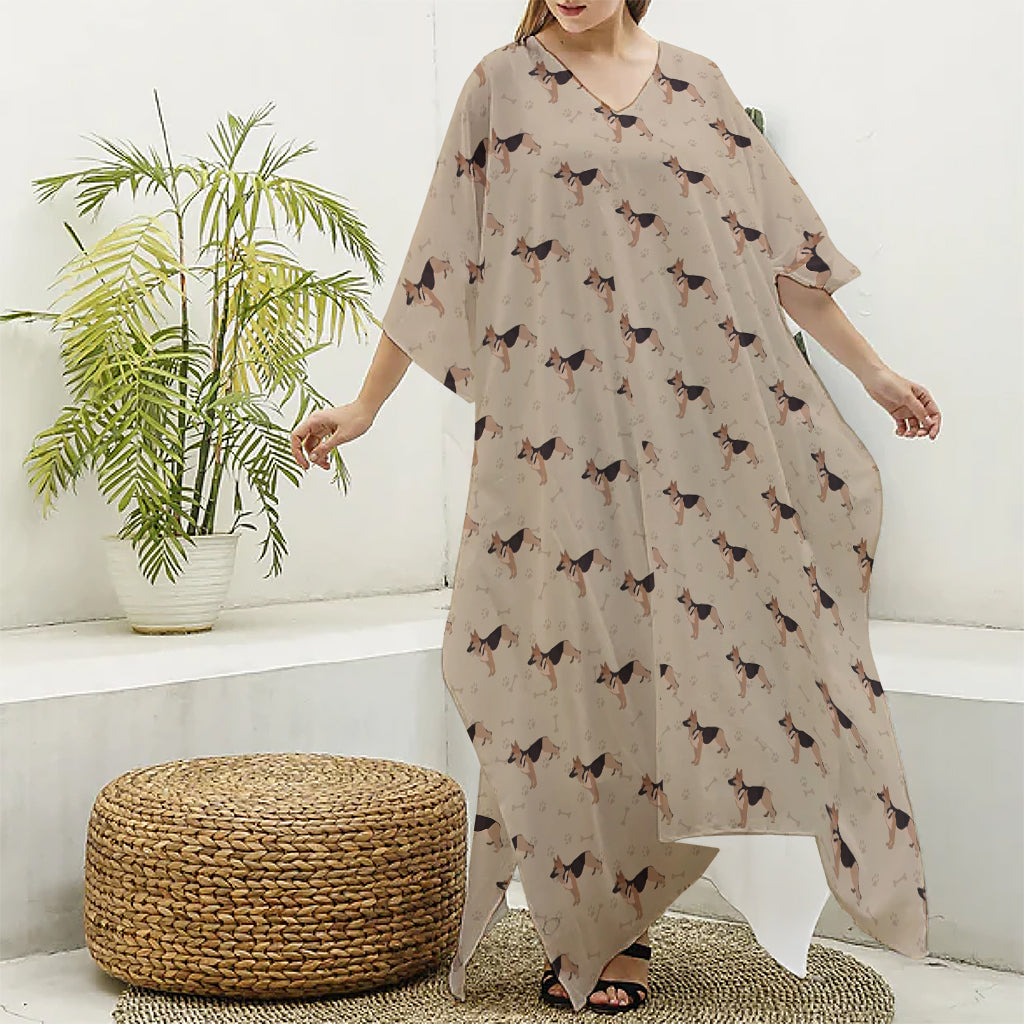 German Shepherd Dog Pattern Print Silk V-Neck Kaftan Dress