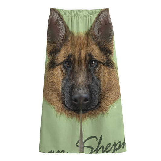 German Shepherd Dog Portrait Print Cotton Front Slit Maxi Skirt