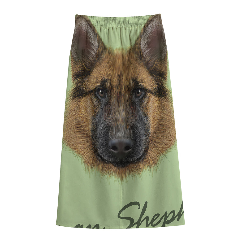 German Shepherd Dog Portrait Print Cotton Front Slit Maxi Skirt