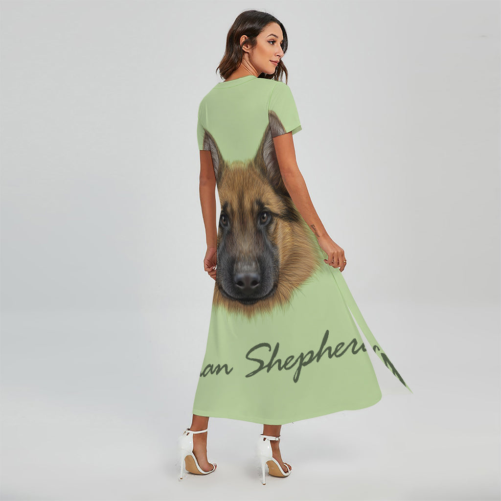 German Shepherd Dog Portrait Print Short Sleeve Maxi Dress