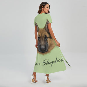 German Shepherd Dog Portrait Print Short Sleeve Maxi Dress