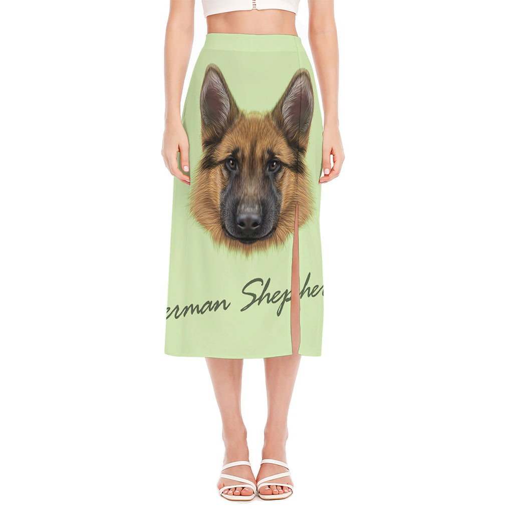 German Shepherd Dog Portrait Print Side Slit Midi Skirt