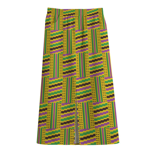 Ghana Kente Pattern Print Cotton Front Slit Maxi Skirt
