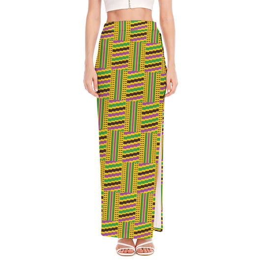 Ghana Kente Pattern Print High Slit Maxi Skirt